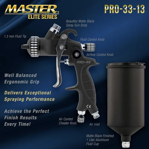Vista 3 de Master Elite PRO-33 HVLP - Pistola pulverizadora de pintura de alto rendimiento con punta de 0.051 pulgadas, taza de 1 litro, calibre regulador