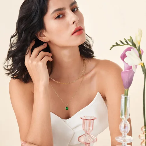Vista 2 de Vrsilver Collares de oro en capas para mujer, collar de oro sólido sobre piedra natal para mujer, gargantilla de cadena con clip en capas