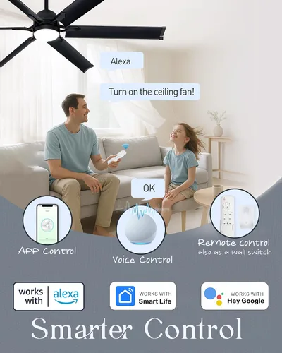 Vista 2 de Ventilador de techo con aspas de aluminio de 60 pulgadas con luz, ventilador inteligente industrial que funciona con Alexa, ventiladores de techo
