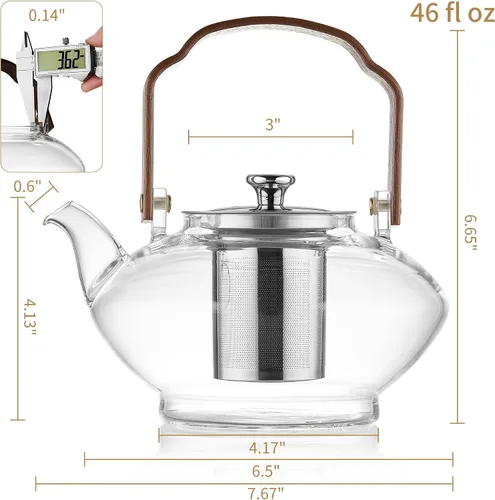 Vista 3 de UNBREAKABLE -Tetera de vidrio de 46 onzas con infusor y tapa de acero inoxidable, resistente al calor de vidrio de borosilicato para estufa