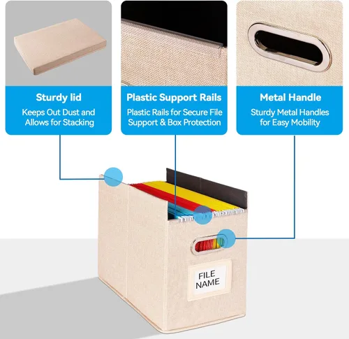 Vista 5 de Paquete de 2 Organizador de Carpetas de Archivos Colgantes con Tapa, Caja de Almacenamiento de Archivos de Tela Tamaño Carta Plegable, Soporte