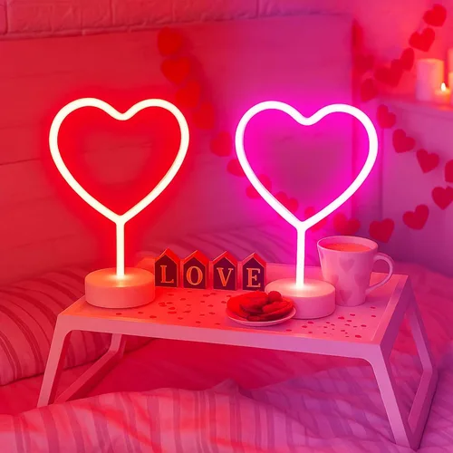 Vista 4 de BHCLIGHT 1PK Letrero de Corazón de Neón Rosa & 1PK Letrero de Corazón de Neón Rojo, Luz de Neón LED para el Día de San Valentín Alimentada por