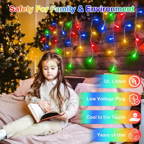 Vista 2 de Luces de Navidad de carámbano para exteriores, 60 pies, 612 luces LED con 136 gotas, 12 modos, regulable, temporizador y resistente al agua, 29 V