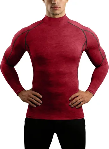 Vista 8 de Camisa de compresión para hombre, cuello alto falso raglán de manga larga, camiseta interior elástica de capa base atlética