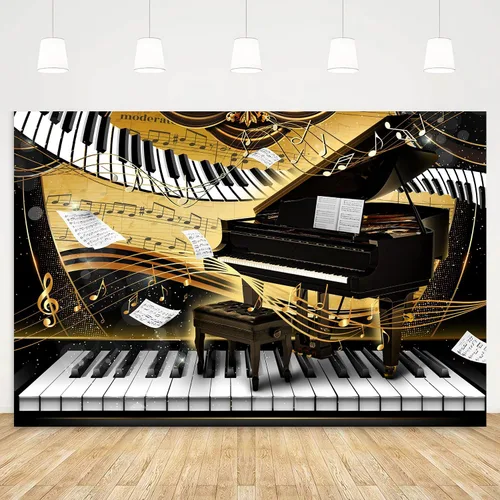 Vista 10 de Telón de fondo con tema de piano de 7 x 5 pies, notas musicales doradas, fondo de foto, tema musical, decoración de fiesta de cumpleaños, pancarta