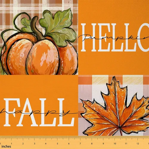 Vista 24 de The Yard - Tela con texto en inglés «Hello Fall», 36 pulgadas de largo x 59 pulgadas de ancho, hojas de árbol de calabaza otoñal, tela de tapicería