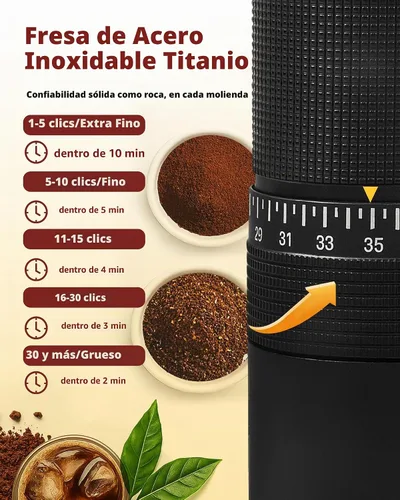 Vista 5 de Molinillo de café manual con rebabas de acero inoxidable, molinillo de mano de 1.12 onzas para expreso, goteo, prensa francesa, con 35 ajustes Negro
