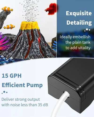 Vista 2 de Kit de adorno de volcán para acuario Uniclife Errupción volcánica con mini bomba de aire, foco LED rojo, piedra de aire burbujeador, tubo de línea