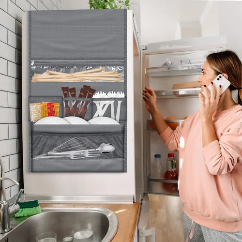 Vista 7 de RGQSUN Mini organizador de refrigerador de 55.1 x 15.7 pulgadas con 15 bolsillos, organizador impermeable para refrigerador, accesorios de doble