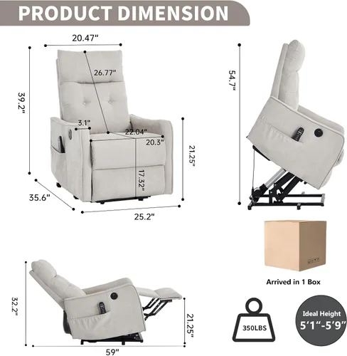 Vista 3 de Silla reclinable eléctrica con elevación Trustyue con calor y masaje, sillas elevadoras para asistencia al estar de pie, silla pequeña con elevación