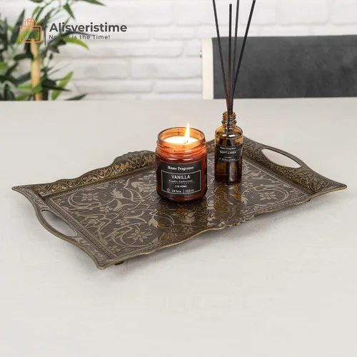 Vista 4 de Alisveristime Bandeja otomana de Zamak turco con motivos tradicionales, ideal para café y té, bandeja para seis personas (14.5 x 9.85 pulgadas)