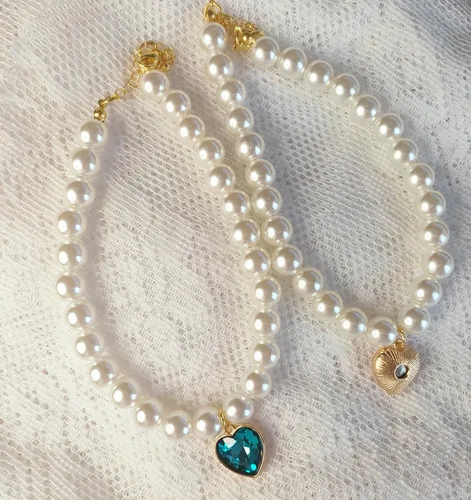 Vista 4 de Collar de perro con perlas y diamantes de imitación para perros pequeños, accesorios para collar de mascotas (azul marino, pequeño)