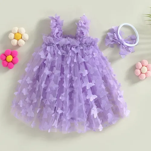 Vista 6 de Vestido de princesa para bebé niña 3D de malla de mariposa morada, sin mangas, de tul + diadema