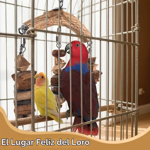 Vista 7 de DBNESS - Juguetes de loros para pájaros, colgantes medianos y grandes, bloques de madera para masticar con jaula de masticar natural de acero