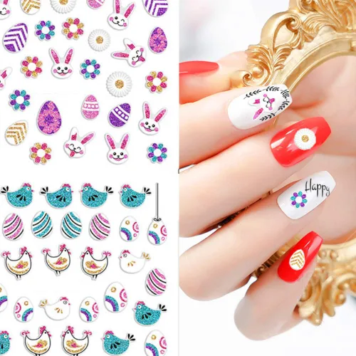 Vista 5 de Calcomanías de uñas de Pascua, diseño de conejo, calcomanías de uñas autoadhesivas 3D, huevos de Pascua, conejos, decoración de uñas para mujeres
