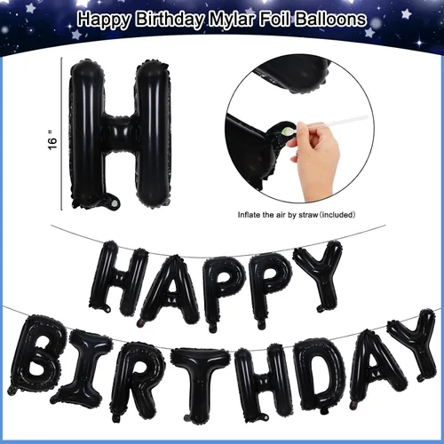 Vista 7 de Decoraciones de cumpleaños para niños, hombres, mujeres y niñas, decoración de fiesta de feliz cumpleaños azul y negro, pancarta de feliz