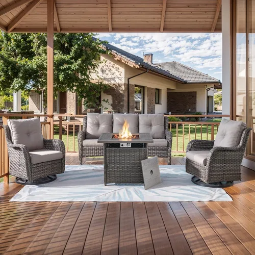 Vista 101 de HUMMUH Juego de 2 Sillas Giratorias Mecedoras de Mimbre para Patio Exterior, Juego de Muebles de Sillas Mecedoras de Ratán (Marrón, Azul) 50,000