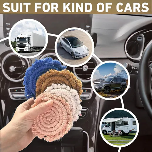 Vista 3 de Posavasos de automóvil boho de 3.8 pulgadas para portavasos, 2 posavasos para automóvil, posavasos absorbentes de macramé, bonito juego de posavasos