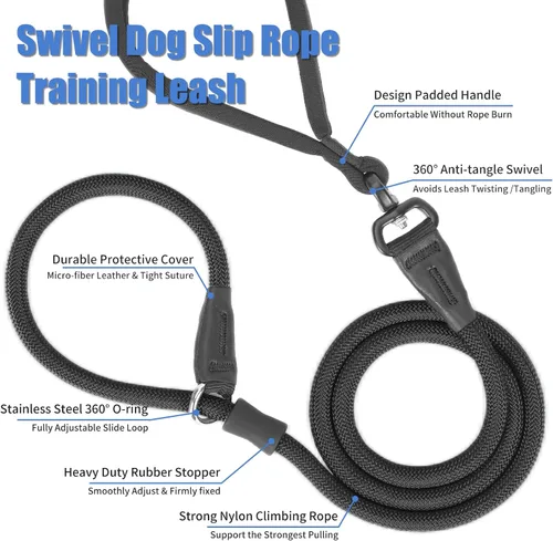 Vista 3 de Heydoggy Correa antideslizante para perro, resistente correa de entrenamiento de 4 pies/6 pies [360 giratorio antienredos ] nailon duradero sin Negro