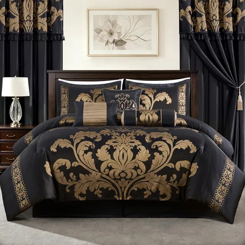Vista 2 de Chezmoi Collection Juego de edredón floral de jacquard Royale de 7 piezas, matrimonial/doble, negro/dorado
