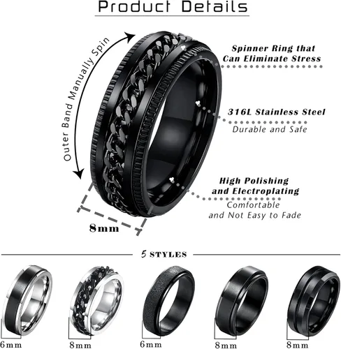 Vista 2 de sailimue Juego de 6 anillos giratorios negros de 039 pulgadas para hombres y mujeres anillos de acero inoxidable para aliviar la ansiedad