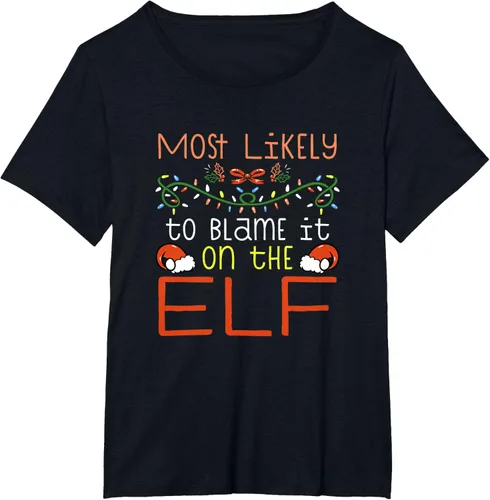 Vista 27 de Camiseta de Navidad familiar a juego con la frase "Most Likely To Blame It On The Elf" Negro