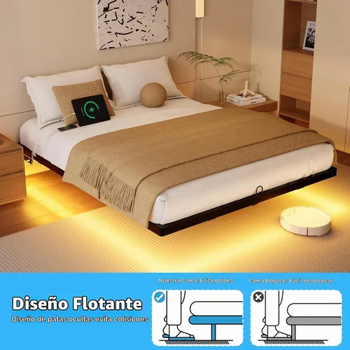 Vista 5 de Base de cama flotante de tamaño individual con luces LED y estación de carga, cama moderna de plataforma de metal, resistente, fácil montaje,