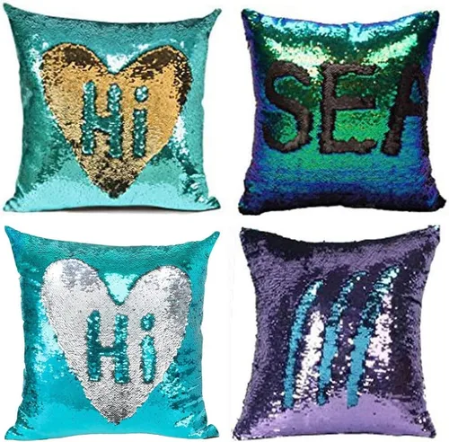 Vista 22 de MOCOFO Fundas de almohada decorativas de lentejuelas mágicas reversibles 16x16-2 de plata a oro + 2 de oro a negro de ante premium para habitación 4