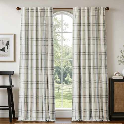 Vista 14 de DriftAway Cortinas de felpilla de lino a cuadros 100% opacas de 96 pulgadas Beige