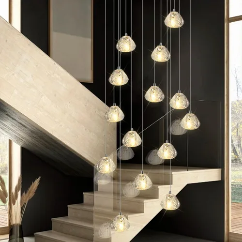 Vista 4 de Candelabro de cristal LED moderno, lámpara colgante de gota de lluvia, lámpara de techo de bola de cristal, 14 luces para escalera, sala de estar