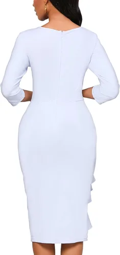Vista 6 de Yajedo - Vestidos de iglesia para mujer, diseño clásico de manga 34, entallado, con volantes, vestido tubo de largo por debajo de la rodilla