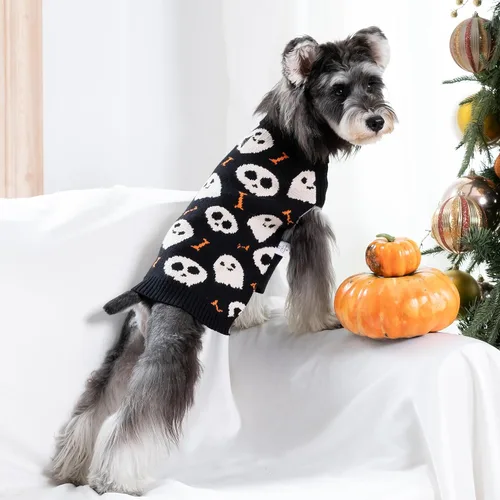 Vista 3 de CuteBone Suéter de calavera de Halloween para perros pequeños, cuello alto, ropa de invierno para mascotas, ropa de gato con agujero para arnés