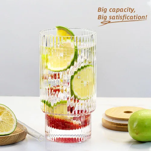 Vista 5 de Juego de 2 vasos acanalados estilo origami de 20 onzas con tapa y pajita, café helado, cóctel, cerveza, jugo, vasos apilables, perfectos