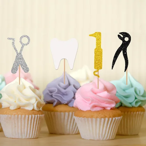 Vista 6 de 24 adornos para cupcakes para dentistas, decoración de pasteles de felicitaciones para dentistas, decoraciones de pastel con purpurina blanca