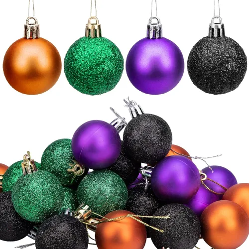 Vista 8 de Deloky 24 bolas de adorno de Halloween con purpurina, bolas colgantes inastillables de Halloween de 1.6 pulgadas, adornos brillantes de árbol negro