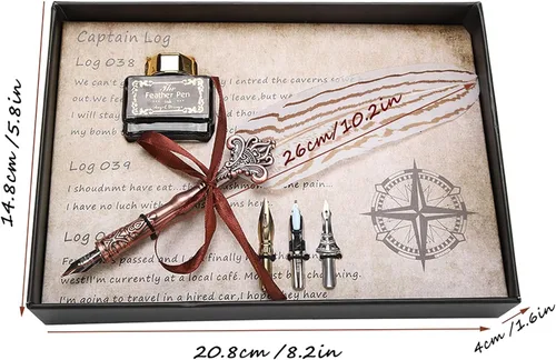 Vista 9 de Juego de bolígrafo y tinta con espiral recargable, caja de regalo, pluma estilográfica antigua diaria para niños, cuaderno de cuero retro