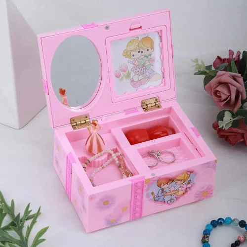 Vista 5 de Oumefar Caja de música bailarina, diseño de espejo, delicada caja de música rosa, caja de almacenamiento de joyería, bailarina, niña, para pendientes