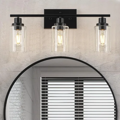 Vista 12 de Jonsi Accesorios de iluminación de baño dorados, 2 luces de tocador de oro cepillado con pantalla de vidrio estriada, luces modernas sobre espejo