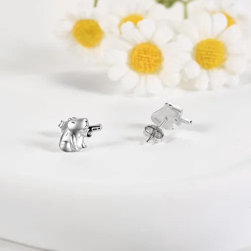 Vista 4 de Aretes de plata de ley con diseño de capibaratrébolovejaovnisschnauzerbulldogfresaballena orcazarigüeyamanatílangostalimónhuella de pata para mujer
