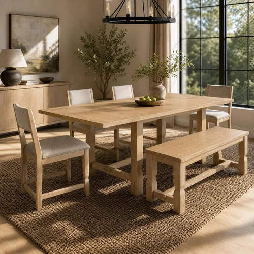 Vista 23 de Juego de mesa de comedor rústica de 6 piezas con mesa rectangular de caballete y 4 sillas tapizadas y banco, juego de mesa de comedor de cocina