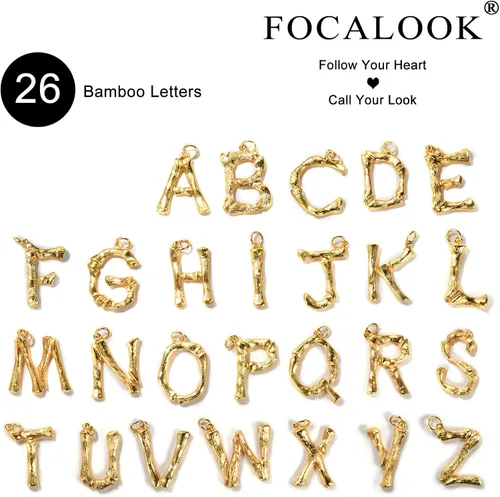 Vista 3 de FOCALOOK Collar de bambú chapado en oro de 18 quilates con dije de nombre inicial para mujer, collar grande con dije de letra de bambú