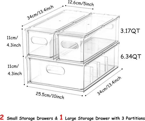 Vista 2 de Paquete de 3 contenedores organizadores de refrigerador con cajón extraíble, juego organizador de cajones apilables para refrigerador con asa
