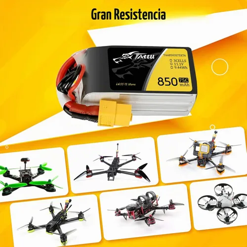 Vista 4 de TATTU 850mAh 11.1V 75C 3S LiPo Batería con XT60 Plug para Multirotor FPV 150 180 Tamaño Quadcopter
