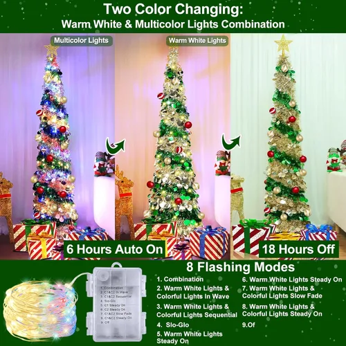 Vista 2 de [Temporizador y 8 modos] Árbol de Navidad delgado iluminado de 6 pies, feliz año nuevo 2025 con 100 luces cambiantes blancas cálidas y multicolor