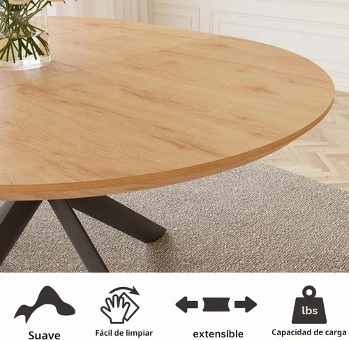 Vista 5 de HIPIHOM - Mesa de comedor redonda extensible de 43.2"-59.1", mesa redonda moderna de madera de mediados de siglo, mesa de café de roble para ocio