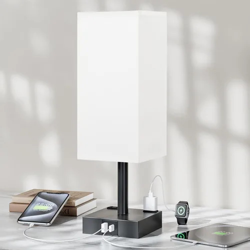 Vista 17 de Lámpara de mesa de noche táctil, con pantalla, puertos de carga USB C+A y salidas de CA duales, para dormitorio, sala de estar, oficina