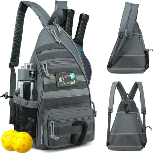 Vista 8 de Bandolera de Pickleball SunForMorning, Mochila Táctica de Pickleball para Mujeres y Hombres, Bolsa de Hombro Ajustable con Gancho para Valla y Negro