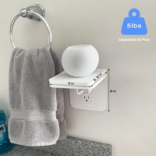 Vista 2 de Soporte de Estante para Enchufe Compatible con Receptáculo Dúplex, Decoración de Baño, Gestión de Cables, Una Solución de Ahorro de Espacio, Homepod