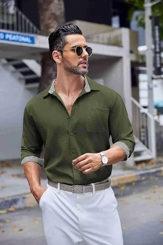 Vista 6 de COOFANDY Camisa de lino con botones para hombre, de manga larga, informal, para playa, con bolsillo