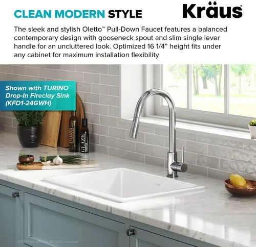 Vista 4 de Kraus Oletto - Grifo de cocina contemporáneo con un solo mango extraíble en cromado, KPF-3104CH